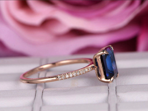 2 CT Emerald Cut Blue Sapphire 14K Rose Gold Over On 925 Silver Solitaire W/Accents Ring