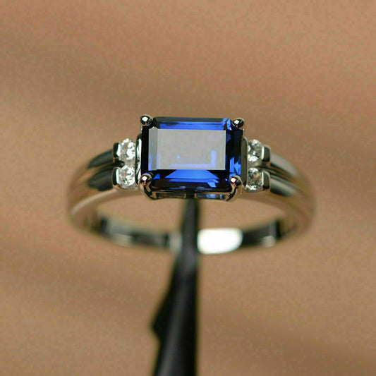2.00 Ct Emerald Cut Blue Sapphire 925 Sterling Silver Solitaire Engagement Ring