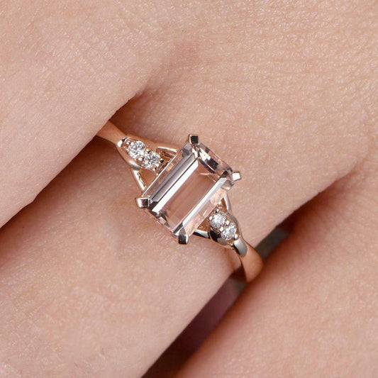 925 Sterling Silver 2.10 Ct Emerald Cut Peach Morganite Solitaire Engagement Ring