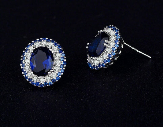 2.00 Ct Oval Cut Blue Sapphire 925 Sterling Silver Double Halo Stud Earrings For Women's