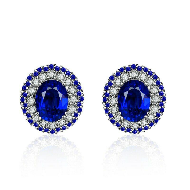 2.00 Ct Oval Cut Blue Sapphire 925 Sterling Silver Double Halo Stud Earrings For Women's
