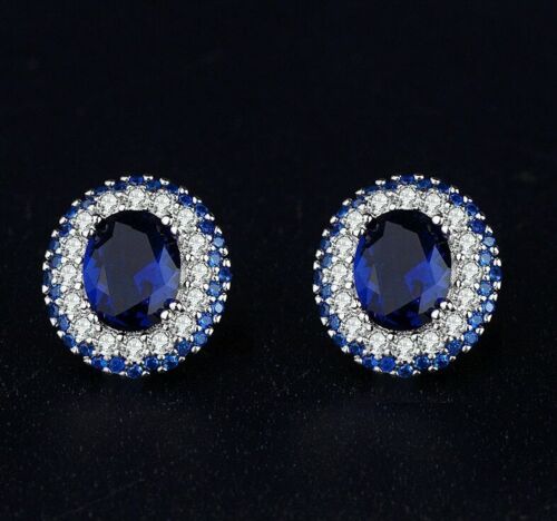 2.00 Ct Oval Cut Blue Sapphire 925 Sterling Silver Double Halo Stud Earrings For Women's