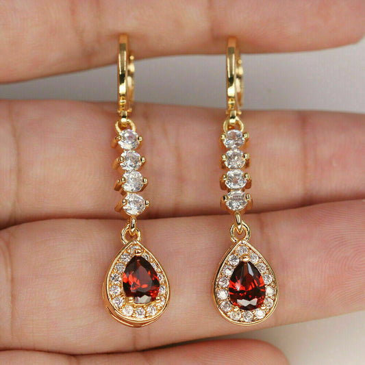 2.50 Ct Pear Cut Red Garnet Drop/Dangle Earrings Yellow Gold Over On 925 Sterling Silver - atjewels.in