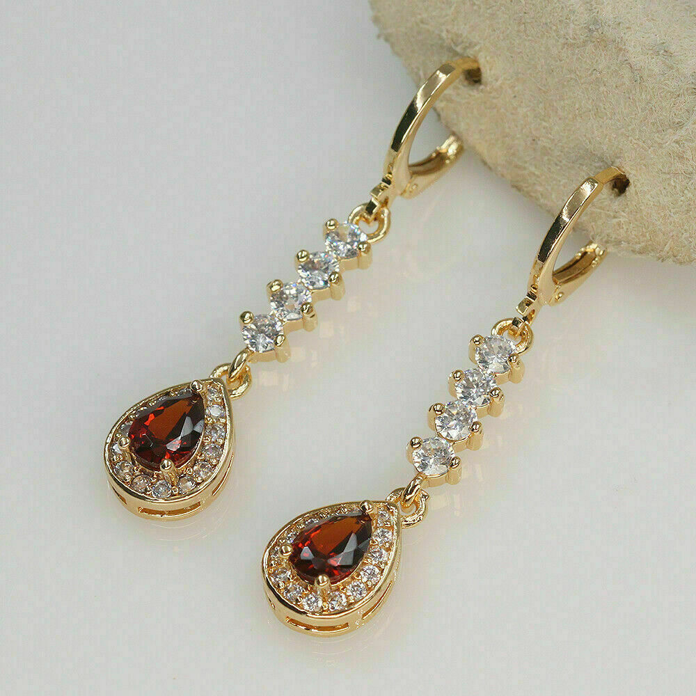 2.50 Ct Pear Cut Red Garnet Drop/Dangle Earrings Yellow Gold Over On 925 Sterling Silver - atjewels.in