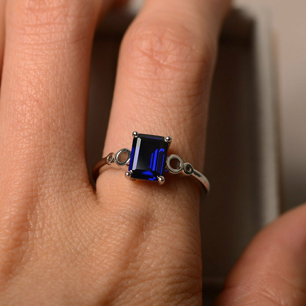 2.10 Ct Emerald Cut Blue Sapphire Solitaire 925 Sterling Silver Anniversary Gift Ring