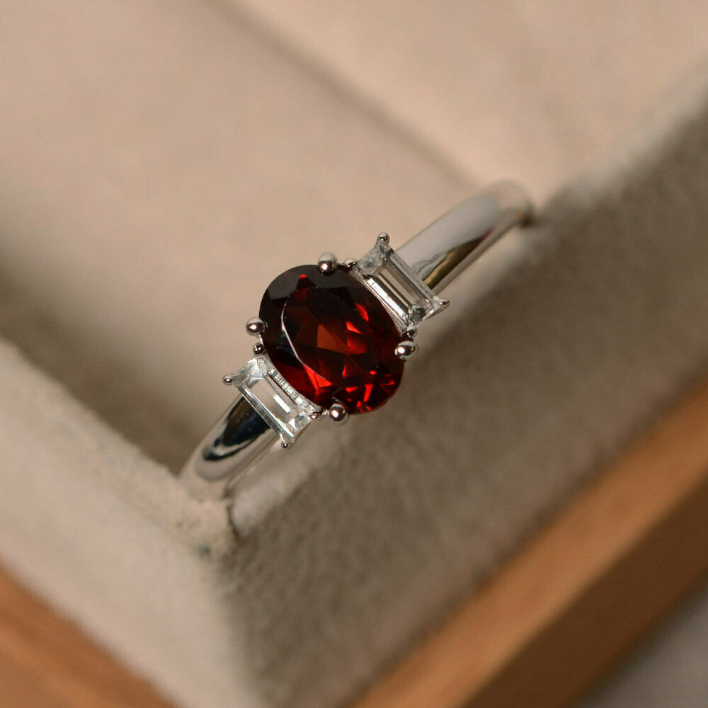 1 Ct Oval Cut Red Garnet Diamond 925 Sterling Silver Three-Stone Engagement Ring