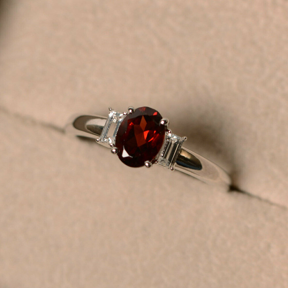 1 Ct Oval Cut Red Garnet Diamond 925 Sterling Silver Three-Stone Engagement Ring