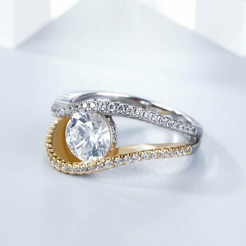 2.10 Ct Round Cut Diamond Two Tone 925 Sterling Silver Split Shank Engagement Wedding Ring - atjewels.in