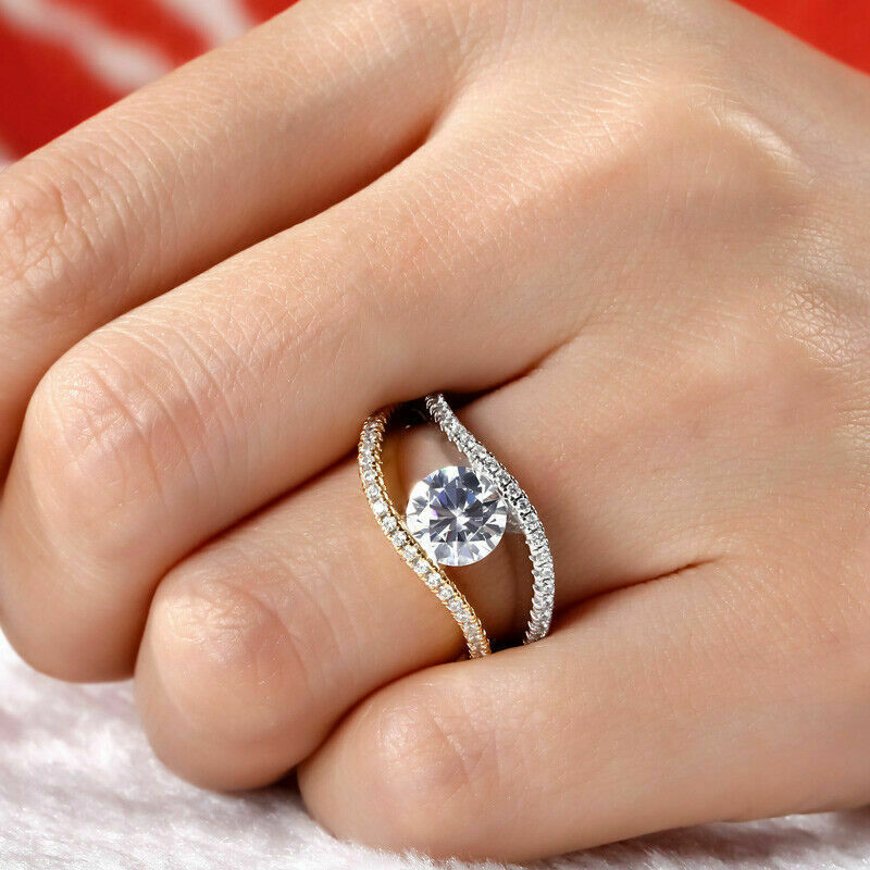 2.10 Ct Round Cut Diamond Two Tone 925 Sterling Silver Split Shank Engagement Wedding Ring - atjewels.in