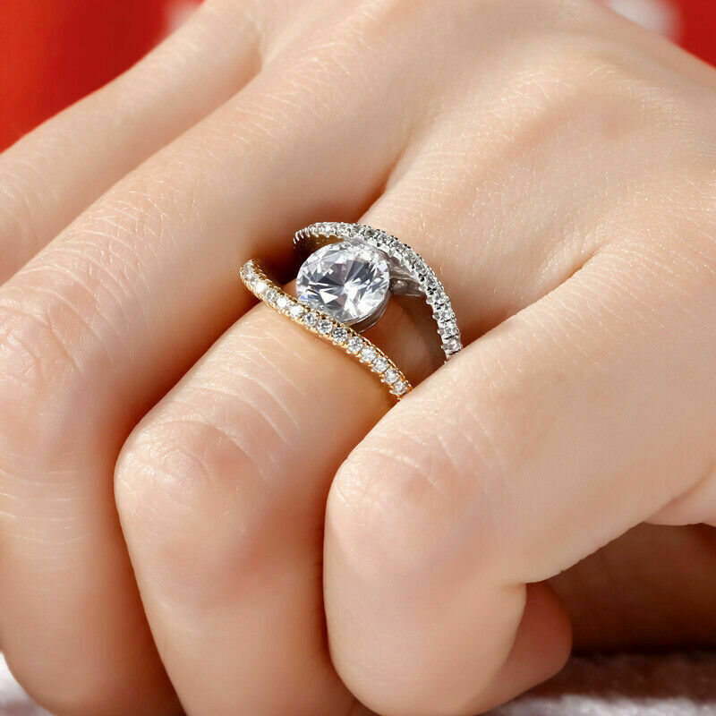 2.10 Ct Round Cut Diamond Two Tone 925 Sterling Silver Split Shank Engagement Wedding Ring - atjewels.in