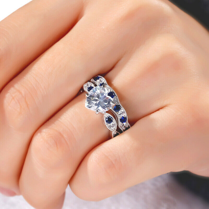 2.50 Ct Heart Cut Diamond & Round Sapphire Engagement Bridal Ring Set In 925 Sterling Silver