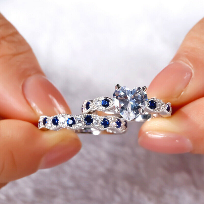 2.50 Ct Heart Cut Diamond & Round Sapphire Engagement Bridal Ring Set In 925 Sterling Silver
