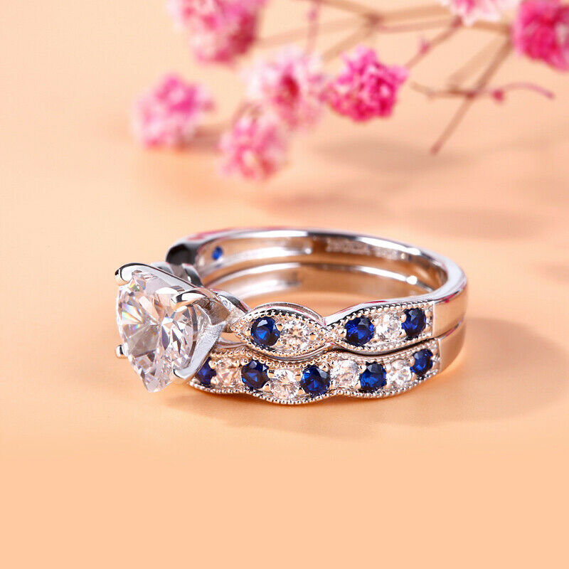 2.50 Ct Heart Cut Diamond & Round Sapphire Engagement Bridal Ring Set In 925 Sterling Silver