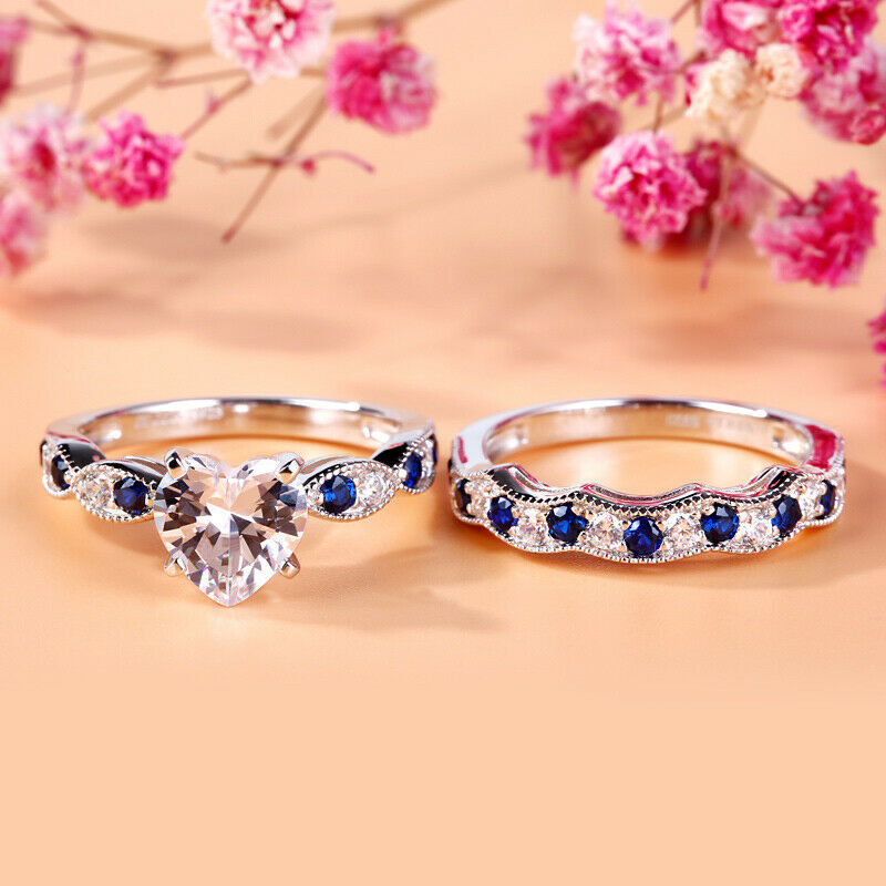 2.50 Ct Heart Cut Diamond & Round Sapphire Engagement Bridal Ring Set In 925 Sterling Silver