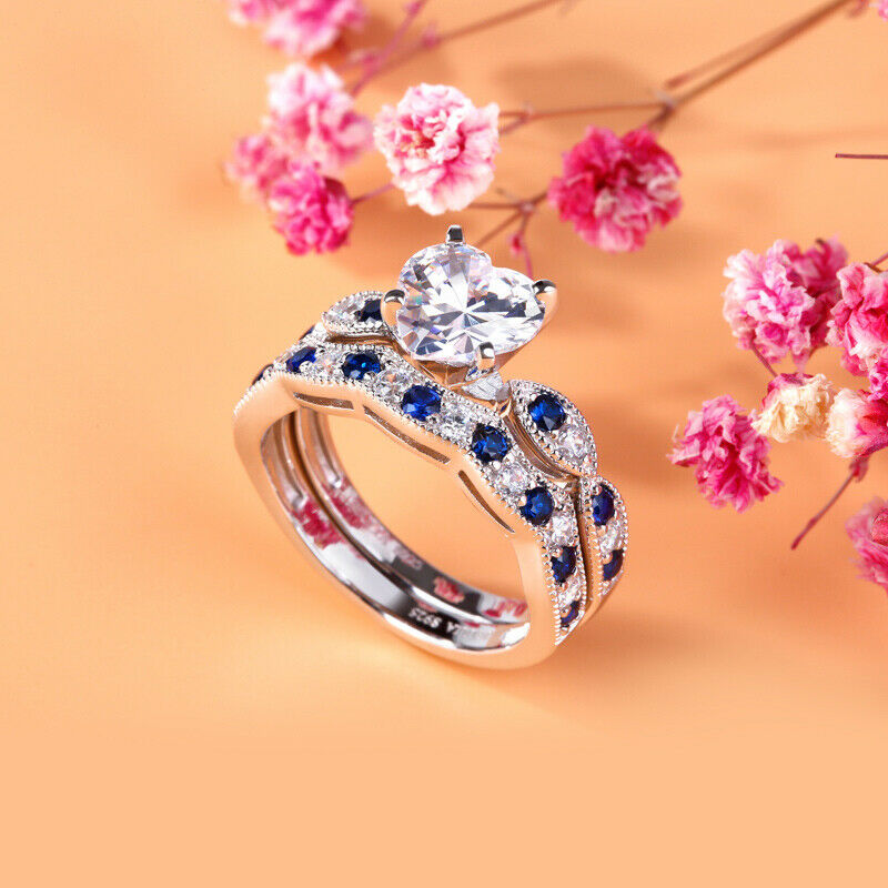 2.50 Ct Heart Cut Diamond & Round Sapphire Engagement Bridal Ring Set In 925 Sterling Silver