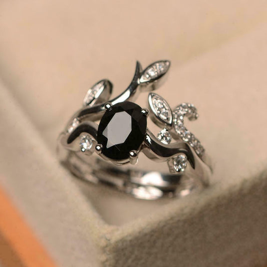 2.20 Ct Oval Cut Black Diamond Bridal Engagement Wedding Ring Set In 925 Sterling Silver