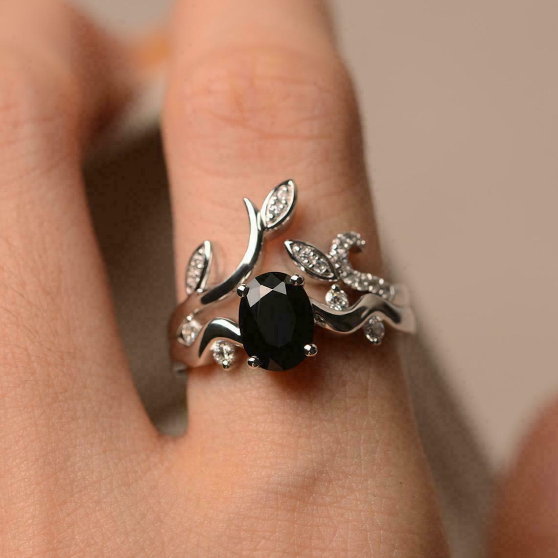 2.20 Ct Oval Cut Black Diamond Bridal Engagement Wedding Ring Set In 925 Sterling Silver