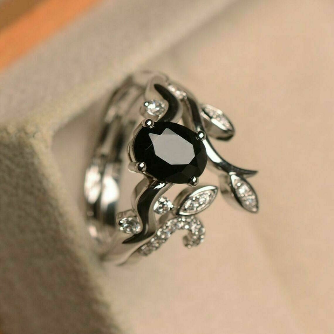 2.20 Ct Oval Cut Black Diamond Bridal Engagement Wedding Ring Set In 925 Sterling Silver