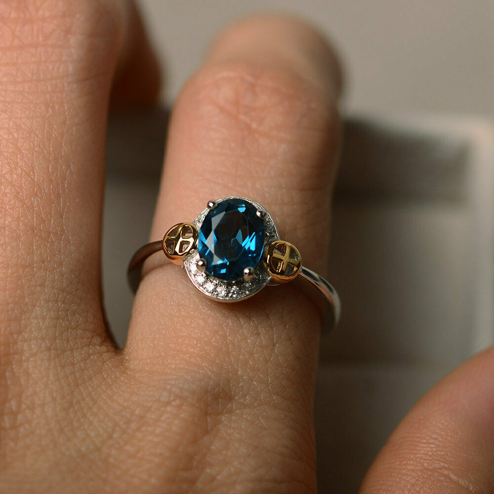 2.20 Ct Oval Cut London Blue Topaz 925 Sterling Silver Solitaire Two-Tone Anniversary Gift Ring