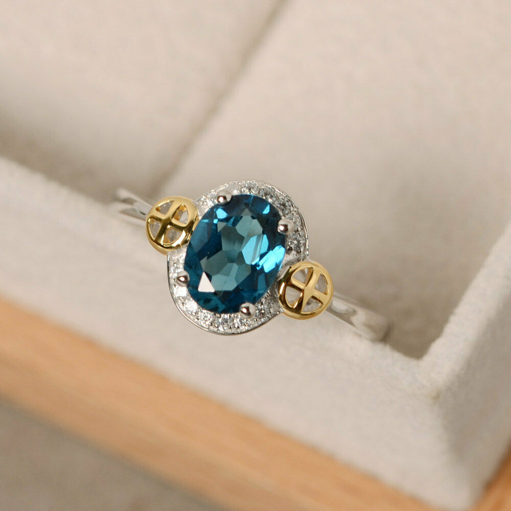 2.20 Ct Oval Cut London Blue Topaz 925 Sterling Silver Solitaire Two-Tone Anniversary Gift Ring