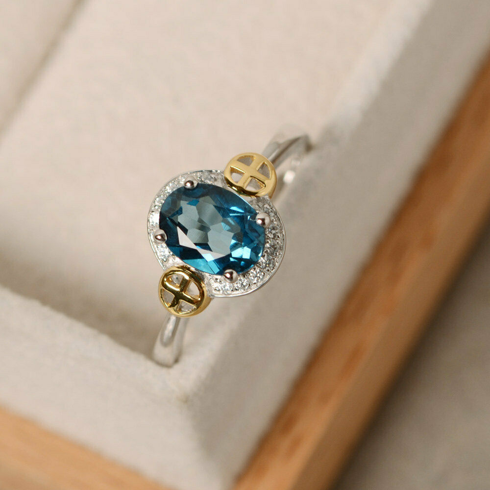 2.20 Ct Oval Cut London Blue Topaz 925 Sterling Silver Solitaire Two-Tone Anniversary Gift Ring