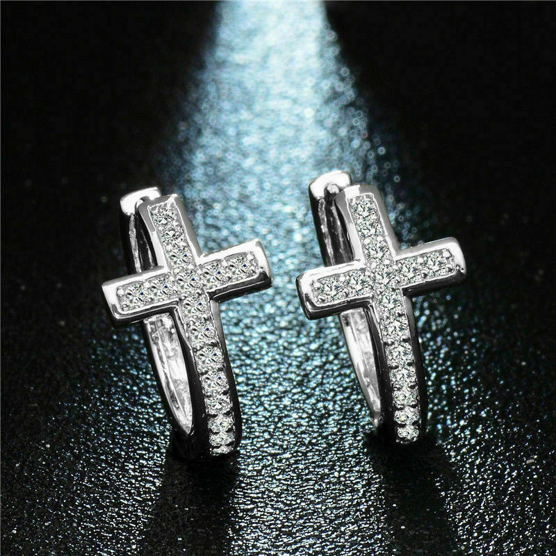 2.20Ct Round Cut VVS1/D Diamond Cross Hoop Earrings 925 Sterling Silver