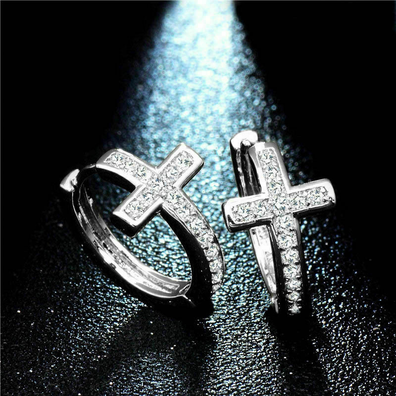 2.20Ct Round Cut VVS1/D Diamond Cross Hoop Earrings 925 Sterling Silver