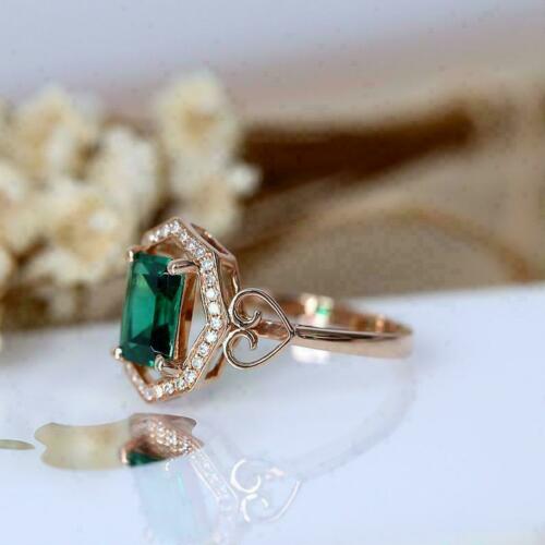 2.10 Ct Emerald Cut Green Emerald Rose Gold Over On 925 Sterling Silver Halo Engagement Ring