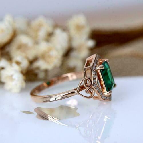 2.10 Ct Emerald Cut Green Emerald Rose Gold Over On 925 Sterling Silver Halo Engagement Ring