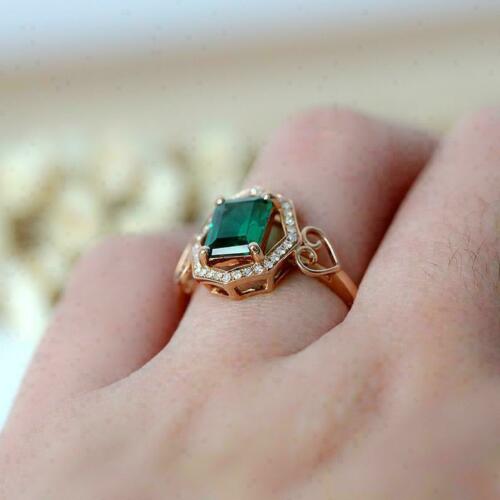 2.10 Ct Emerald Cut Green Emerald Rose Gold Over On 925 Sterling Silver Halo Engagement Ring