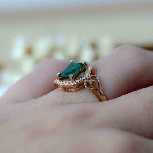 2.10 Ct Emerald Cut Green Emerald Rose Gold Over On 925 Sterling Silver Halo Engagement Ring