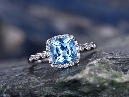 2.20 Ct Cushion Cut Blue Topaz Diamond Halo Engagement Ring 925 Sterling Silver - atjewels.in
