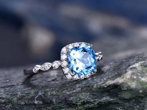 2.20 Ct Cushion Cut Blue Topaz Diamond Halo Engagement Ring 925 Sterling Silver - atjewels.in