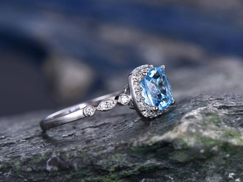 2.20 Ct Cushion Cut Blue Topaz Diamond Halo Engagement Ring 925 Sterli atjewels.in