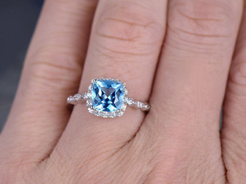 2.20 Ct Cushion Cut Blue Topaz Diamond Halo Engagement Ring 925 Sterling Silver - atjewels.in