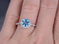 2.20 Ct Cushion Cut Blue Topaz Diamond Halo Engagement Ring 925 Sterling Silver