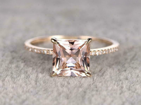2.20 Ct Princess Cut Peach Morganite Solitaire W/Accents Engagement Ring 925 Sterling Silver