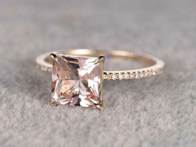 2.20 Ct Princess Cut Peach Morganite Solitaire W/Accents Engagement Ring 925 Sterling Silver