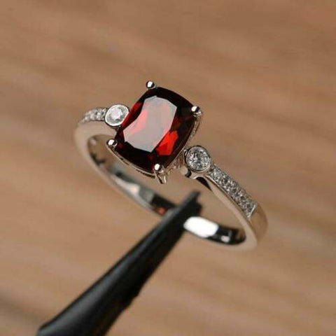 2.30 Ct Cushion Cut Red Garnet Solitaire Engagement Ring 925 Sterling Silver