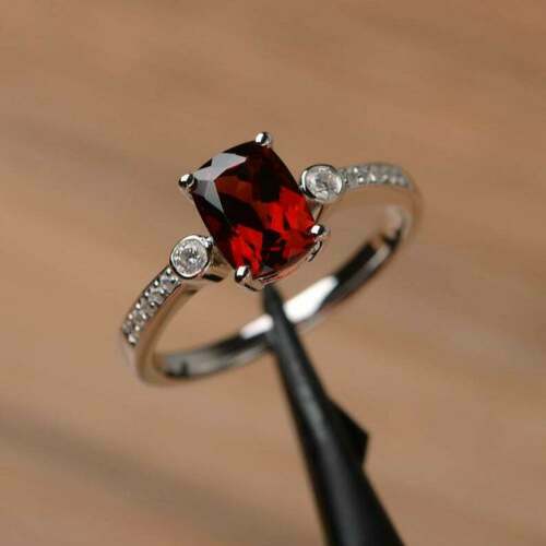2.30 Ct Cushion Cut Red Garnet Solitaire Engagement Ring 925 Sterling Silver