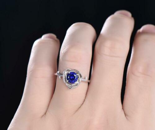 2.30 Ct Round Cut Blue Sapphire Solitaire Rose Proposal Ring 14k White Gold Over On 925 Silver