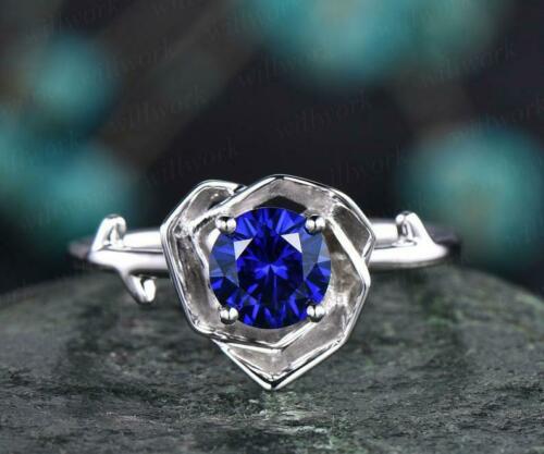2.30 Ct Round Cut Blue Sapphire Solitaire Rose Proposal Ring 14k White Gold Over On 925 Silver
