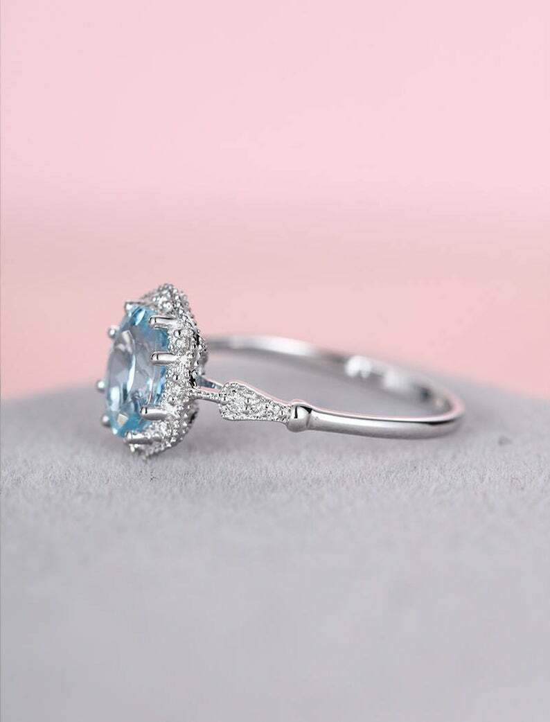 2.35 Ct Oval Cut Aquamarine Diamond 925 Sterling Silver Halo Engagement Ring For Her