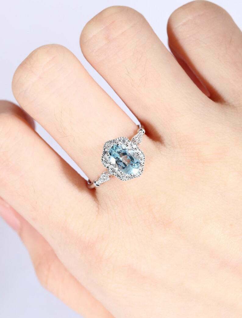 2.35 Ct Oval Cut Aquamarine Diamond 925 Sterling Silver Halo Engagement Ring For Her