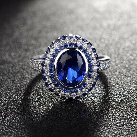 3.25 Ct Oval & Round Cut Blue Sapphire 925 Sterling Silver Double Halo Engagement Ring
