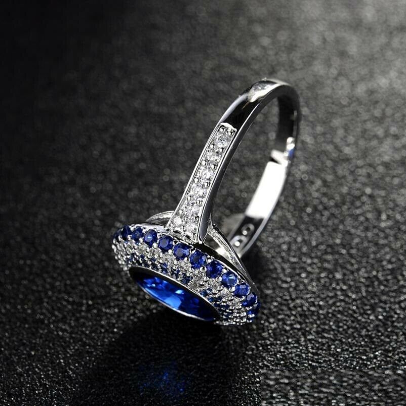 3.25 Ct Oval & Round Cut Blue Sapphire 925 Sterling Silver Double Halo Engagement Ring
