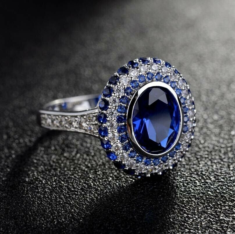 3.25 Ct Oval & Round Cut Blue Sapphire 925 Sterling Silver Double Halo Engagement Ring