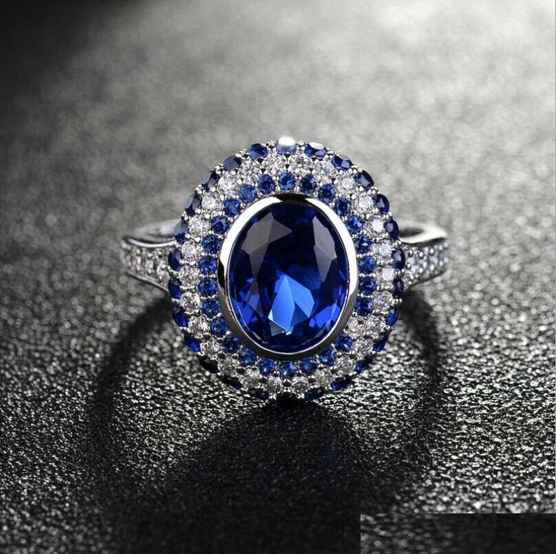 3.25 Ct Oval & Round Cut Blue Sapphire 925 Sterling Silver Double Halo Engagement Ring