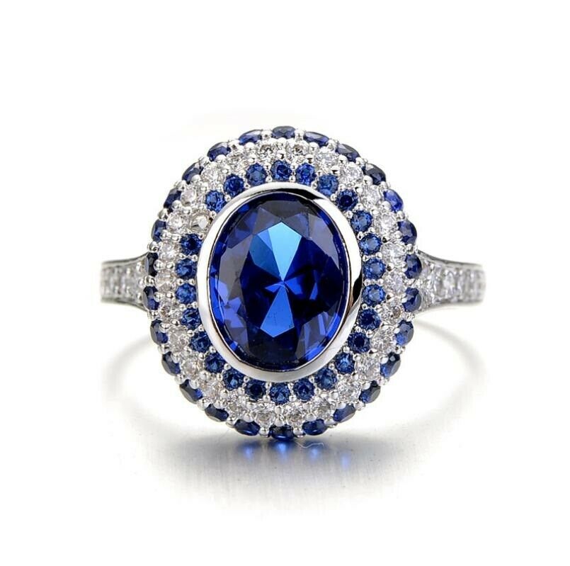 3.25 Ct Oval & Round Cut Blue Sapphire 925 Sterling Silver Double Halo Engagement Ring