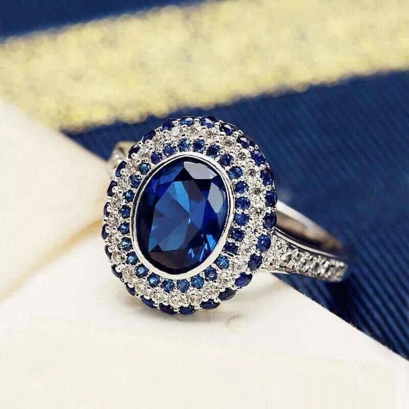 3.25 Ct Oval & Round Cut Blue Sapphire 925 Sterling Silver Double Halo Engagement Ring